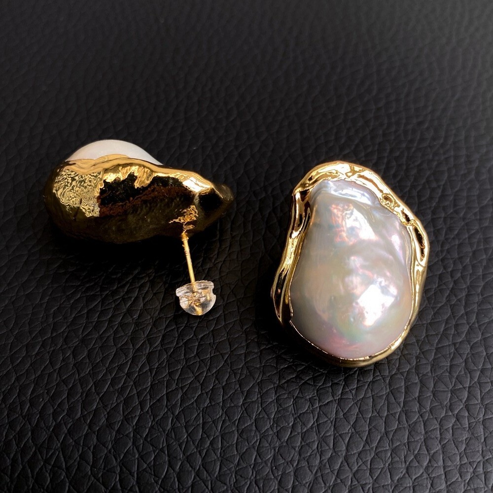 Y·YING Cultured White Keshi Baroque Pearl Stud Earrings Gold Plated Stud