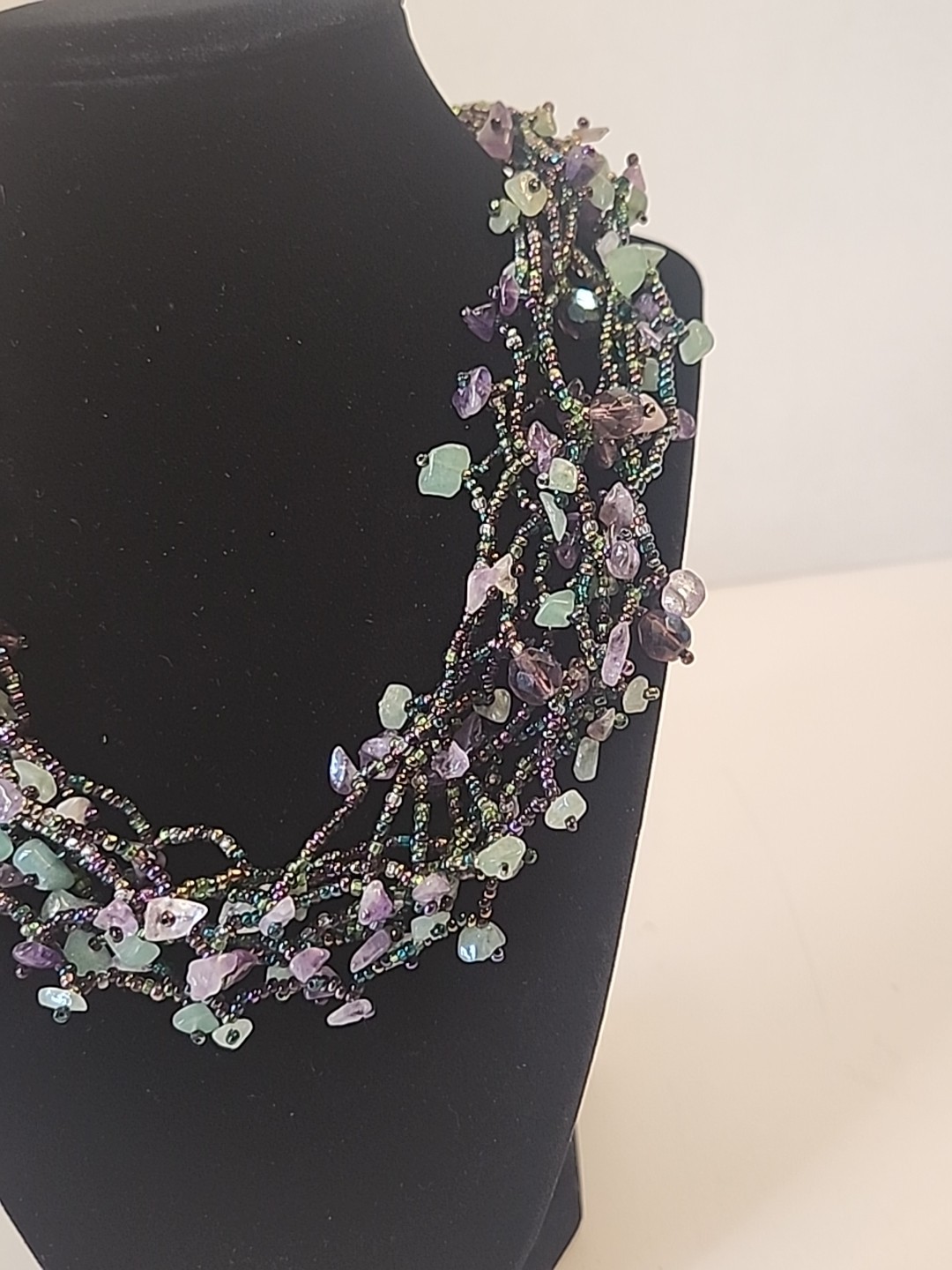 Multi-strand Semi-precious Stone Chips & Glass Seed Bead Statement Necklace 19″
