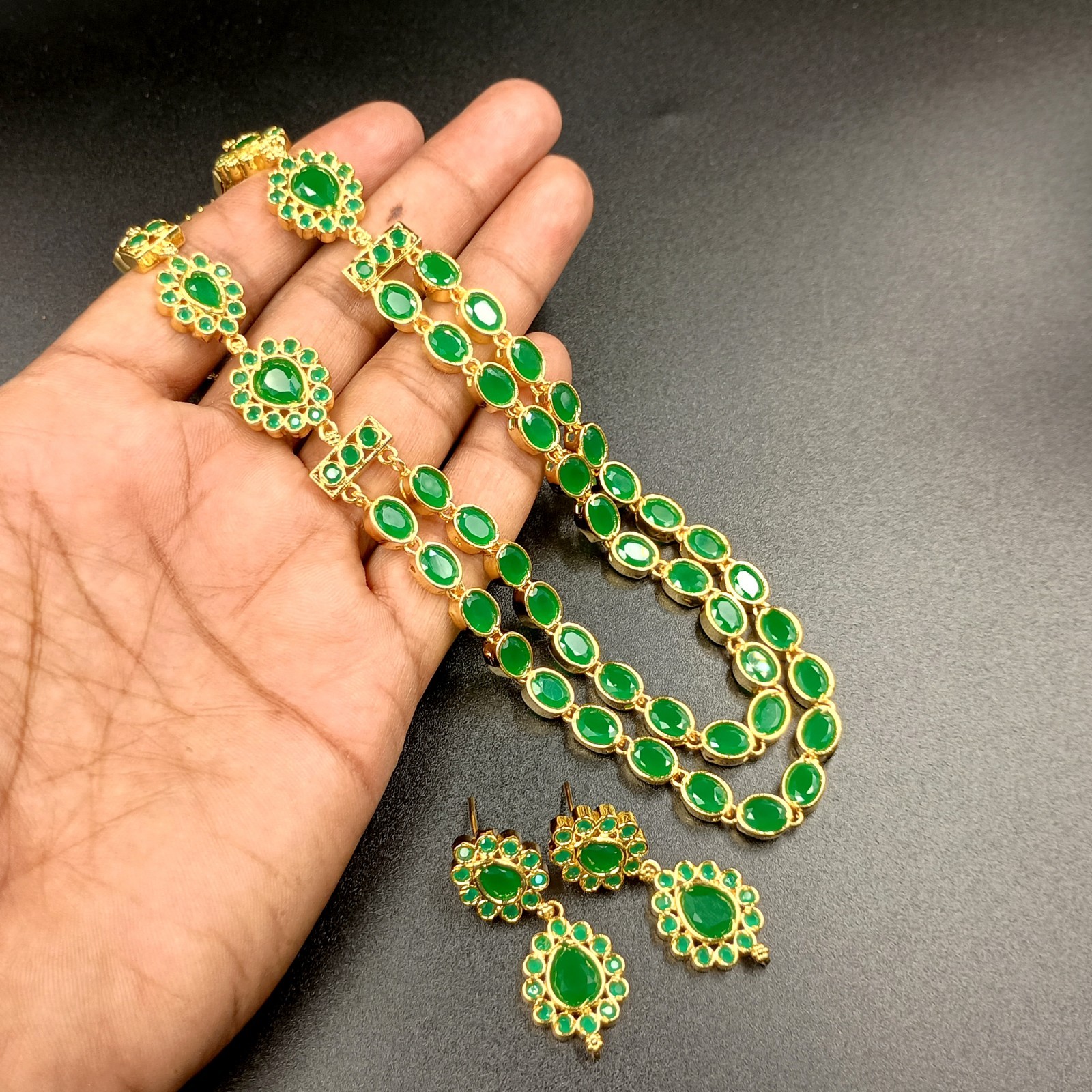 Vintage 2 Layer Green Emerald Choker Necklace Earrings Set 22K Gold Plated Gift