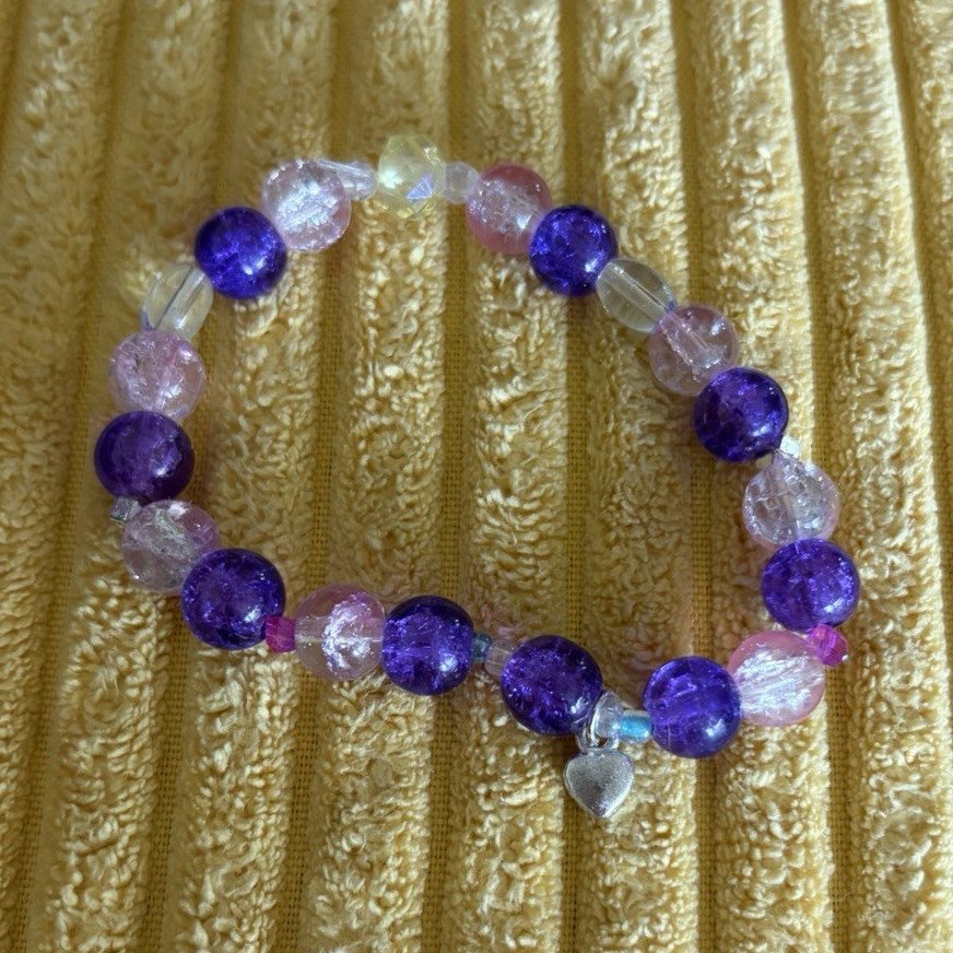 Purple Pink & Clear glass round Beaded Stretch Slip-On Bracelet with Charm