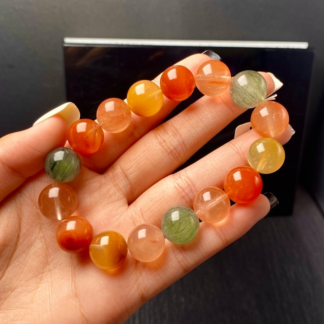 13.1mm Natural Multicolor Rutilated Quartz Bracelet 14mm Fu Lu Shou Crystal