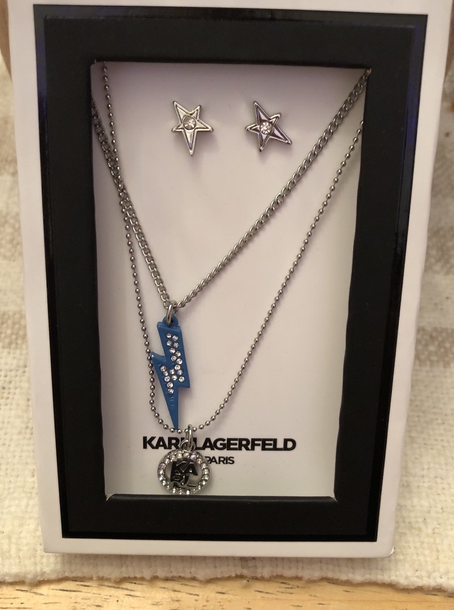 Karl Lagerfeld Lightning Bolt & Karl Layered Necklace & Star Stud Earrings NIB
