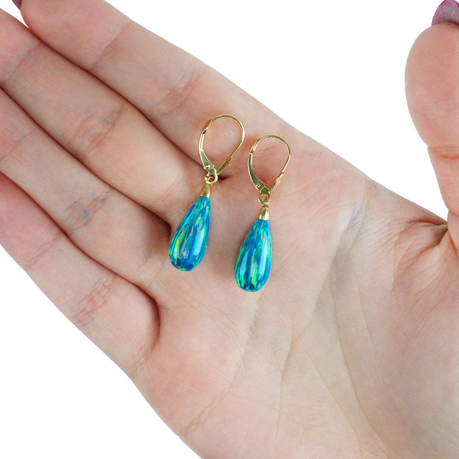14k Yellow Gold Fire Opal Teardrop Leverback Earrings 1.5″