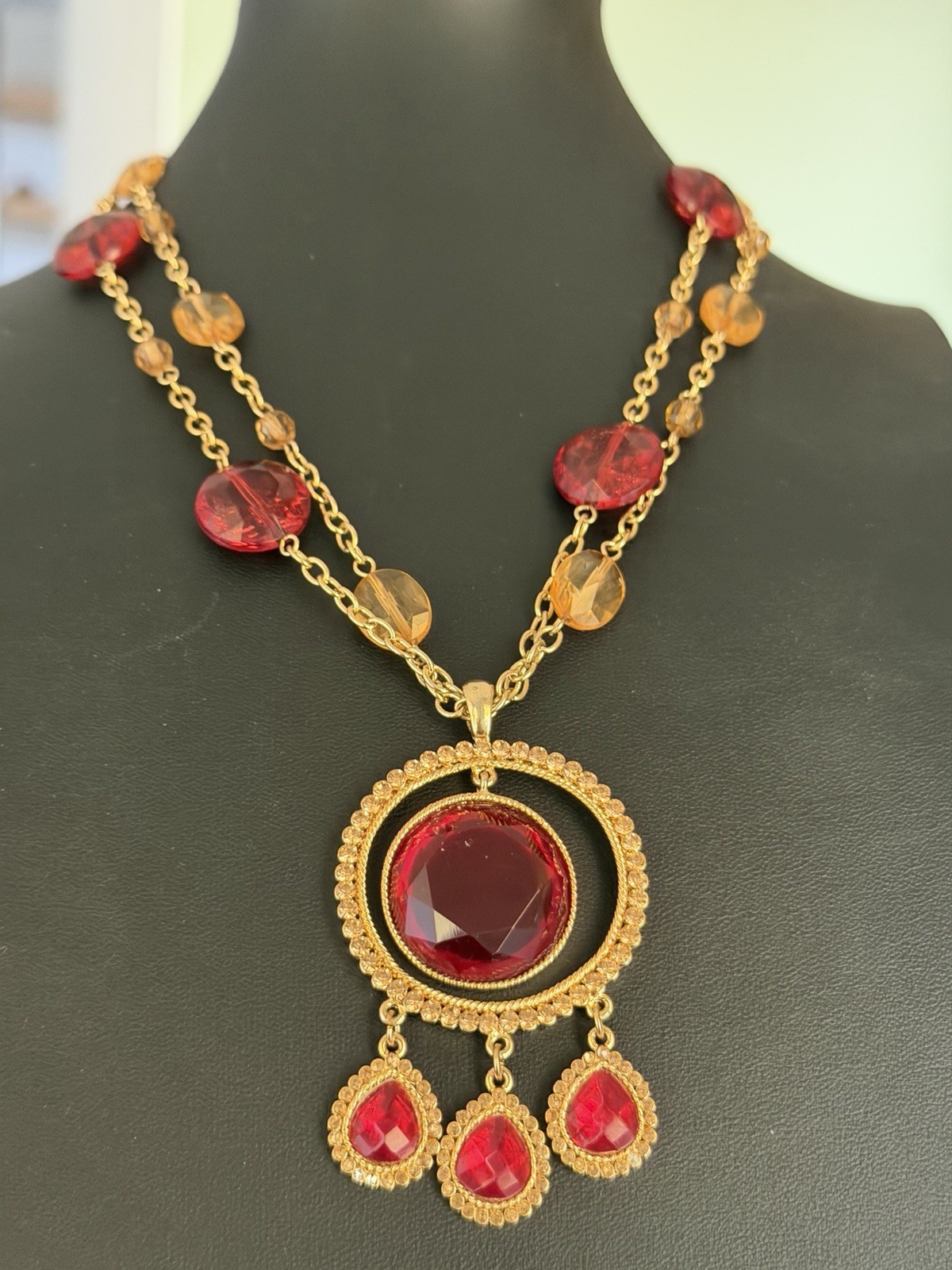 Birch Hill Double Strand Red and Gold Acrylic Beaded Stations Necklace 22″