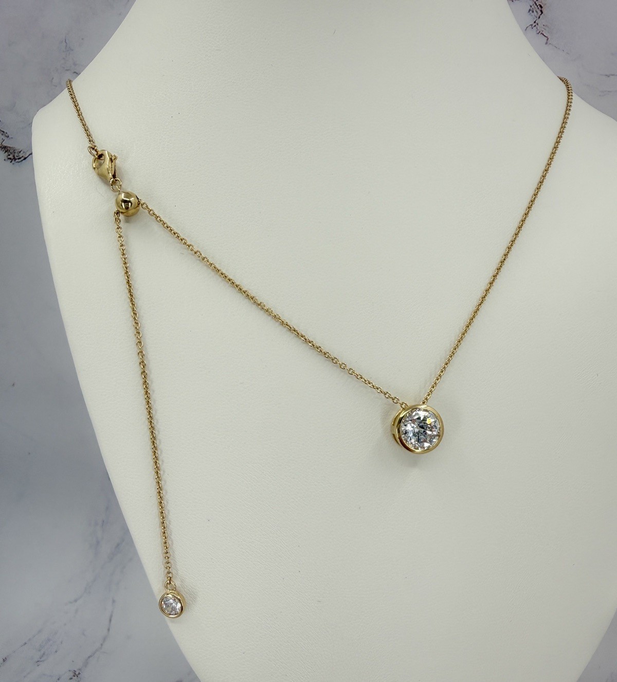Diamonique CZ 2ct DE Bezel Pendant 14K Gold Clad Sterling 25” Adjustable Chain