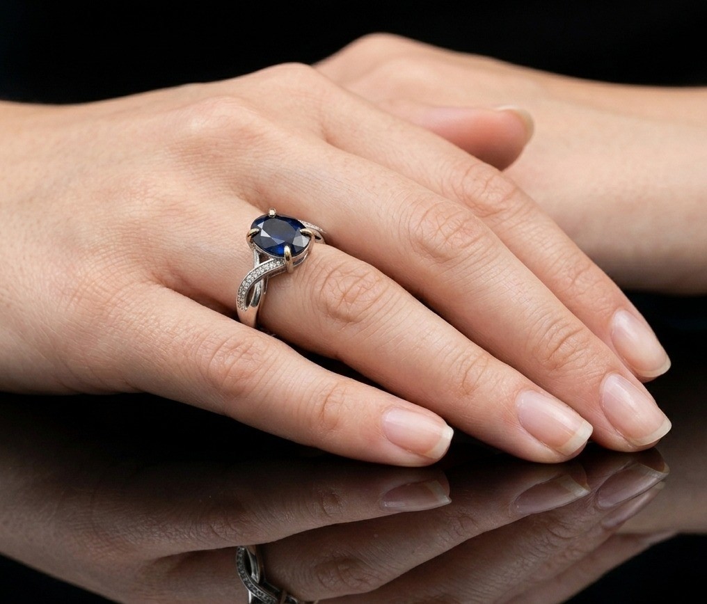 Oval Blue Sapphire Sterling Silver Infinity Ring, Statement Gemstone Ring