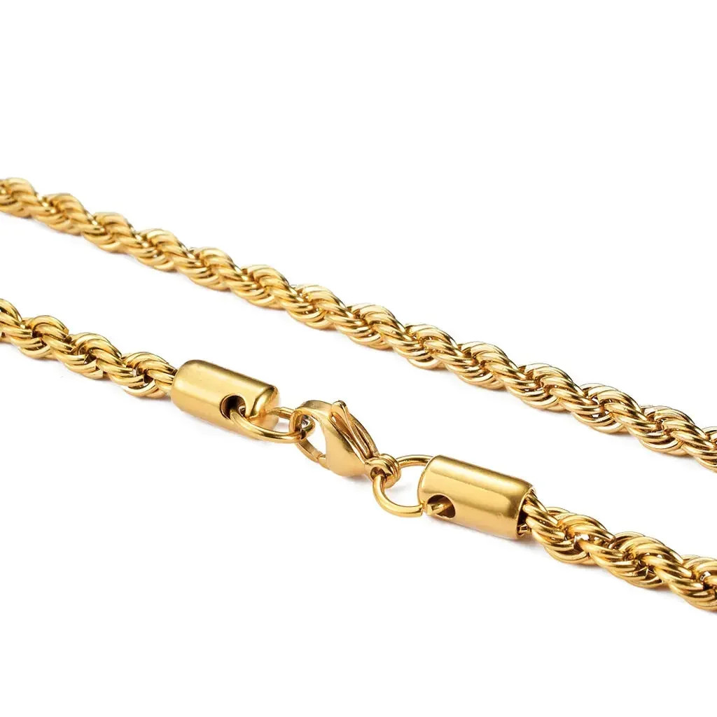 Gold Plated Stainless Steel Rope Chain Necklace 4mm Unisex Men Women