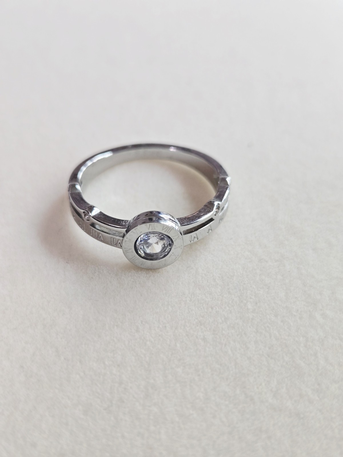 Size 5 Stainless Steel Silver Tone Dainty Roman Numerals Zirconia Ring