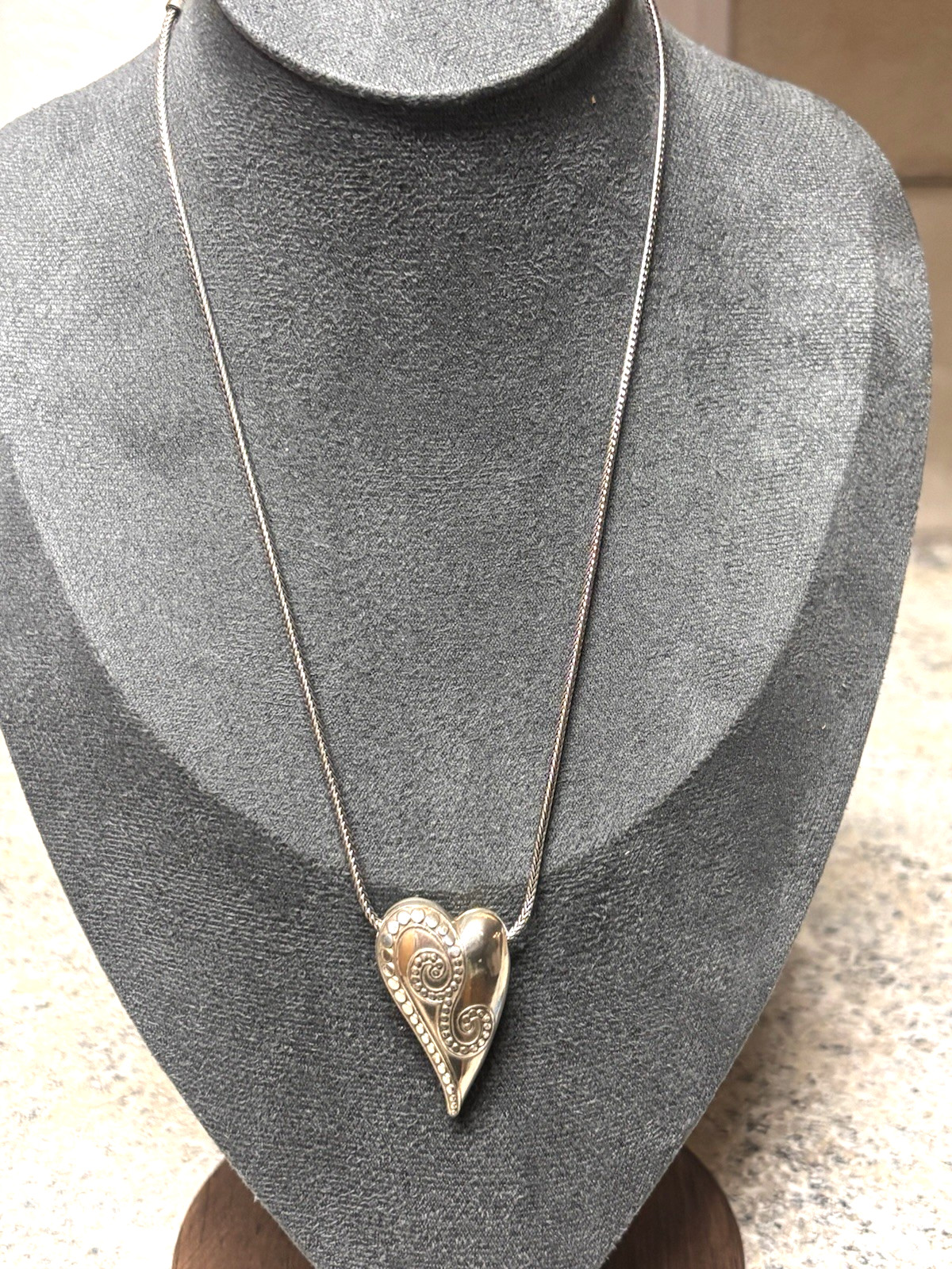 Brighton Puffy Two-Tone Heart Crystal Pendant Necklace Silver Gold Reversable