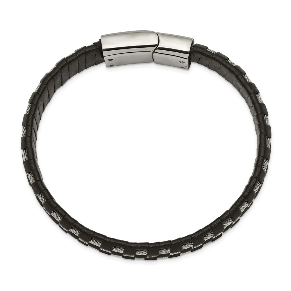 Stainless Steel Polished Black Leather and Wire 8.5in Bracelet
