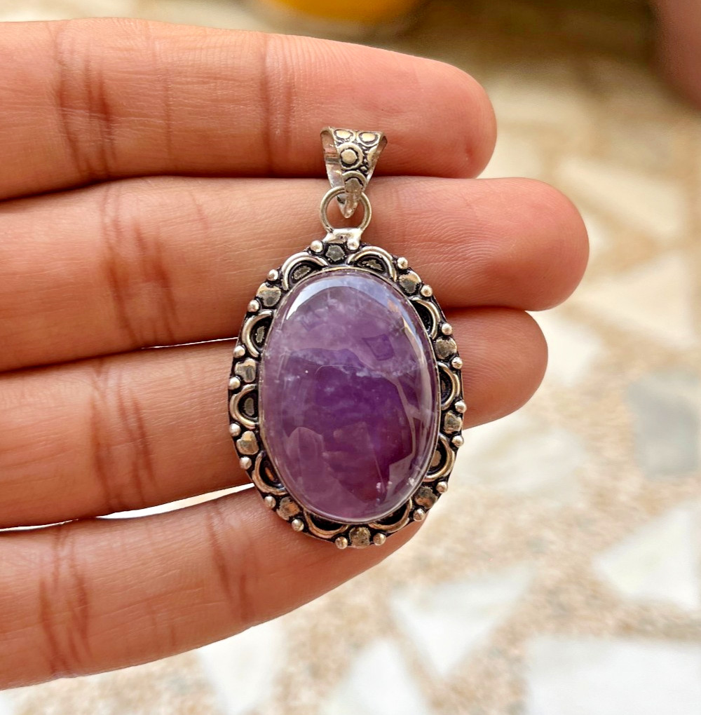 Natural Amethyst Necklace Purple Crystal Pendant Healing Stone Jewelry 24 Inch