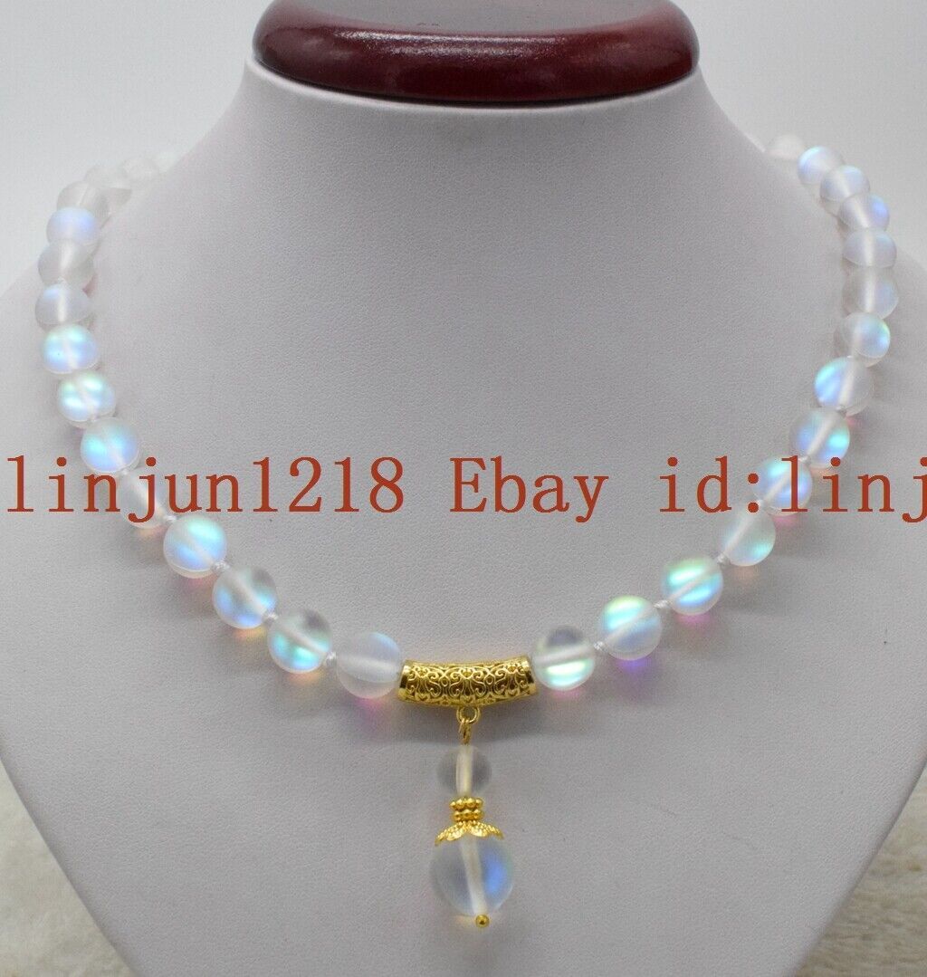 Fashion 10mm White Gleamy Rainbow Moonstone Round Gemstone Pendant Necklace 18”