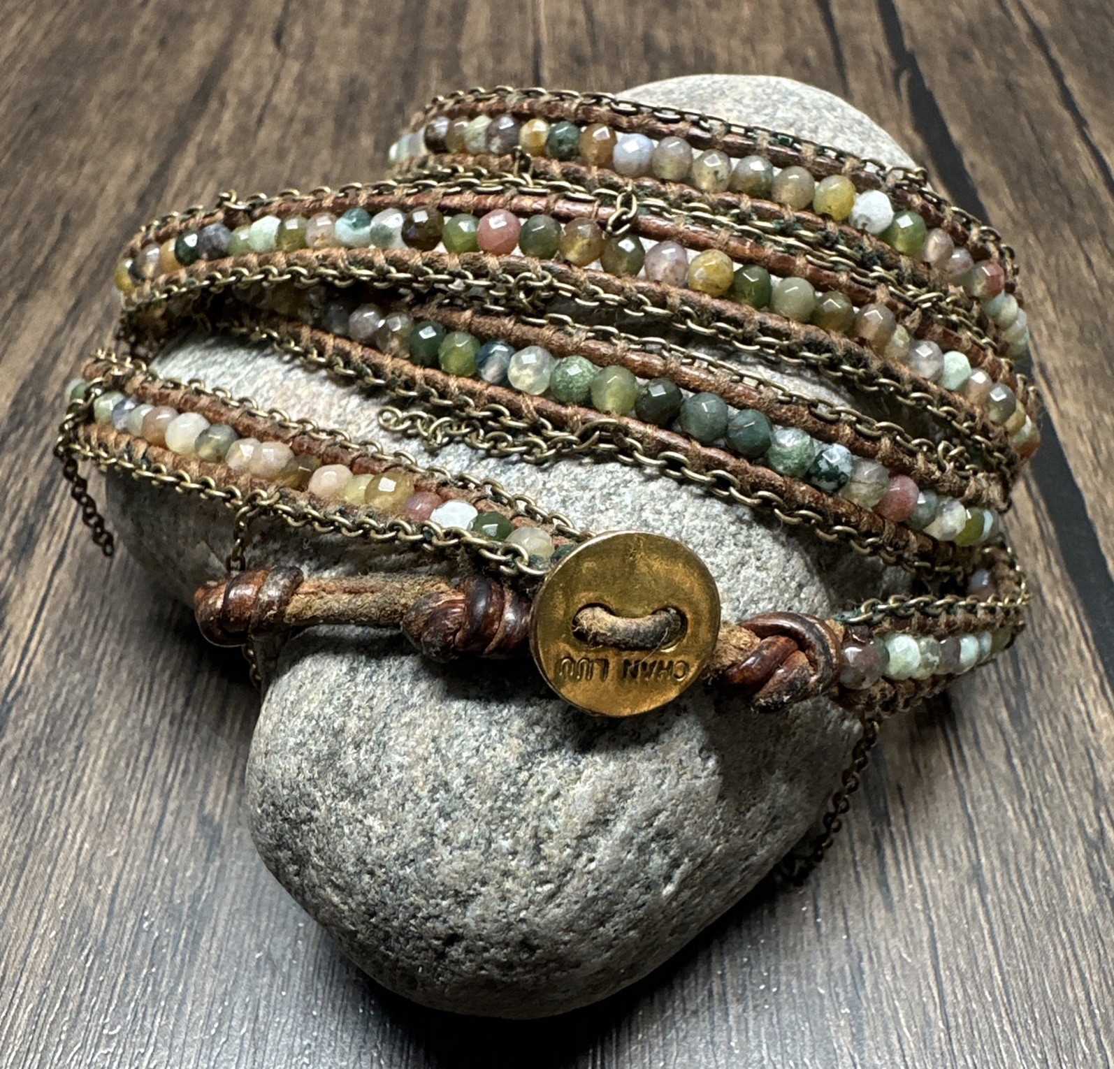 **CHAN LUU** 33” 5x Semi-Precious Stone Leather Cord Wrap-Around Bracelet