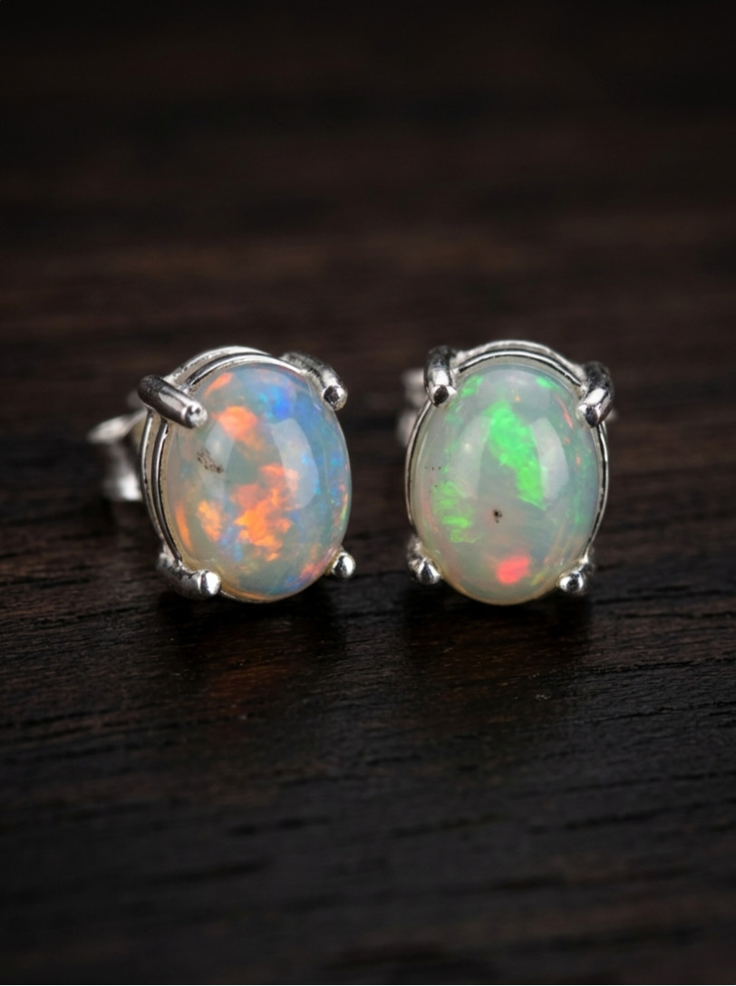Handmade Brass Gold Color Fancy Unique Opal Studs Eyerrings Comes With Chain.