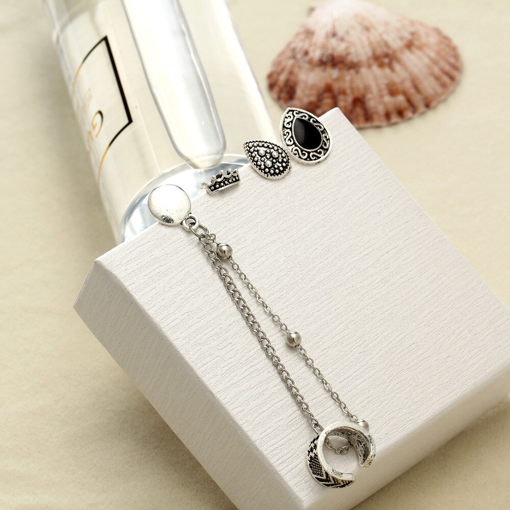 4pcs Stud Bohemian Retro Style Crown Water Droplets Chain Fashion Earrings Cuff