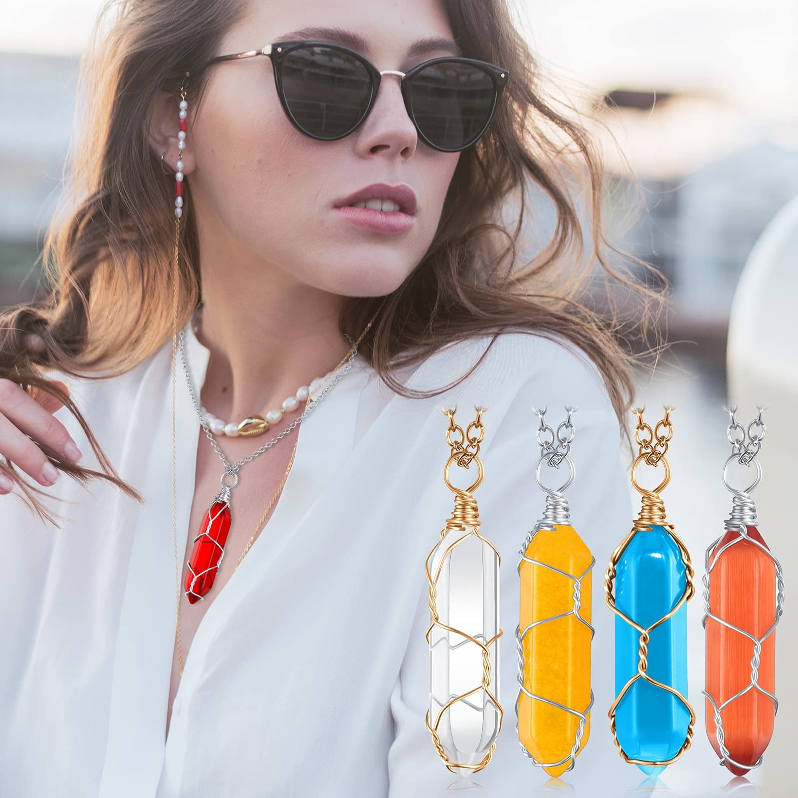 10 Pcs Hexagonal Crystal Pendant Necklace Full Wire Wrap Gemstone Necklace