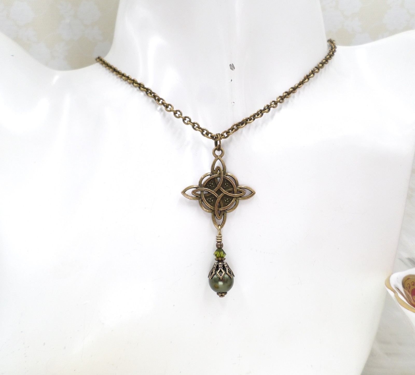 Celtic Knot Necklace, Green Bead Antique Brass Witch Knot Handmade Jewelry