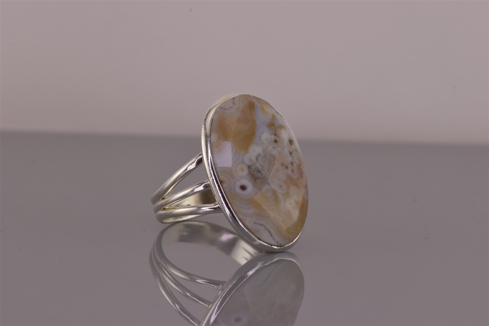 Sterling Silver 25mm Oval Faceted Brown Agate Triple Band Ring 925 Sz: 8