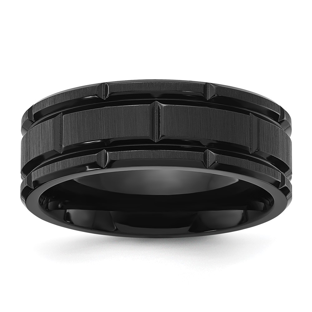 Titanium Brushed and Polished Black IP-plated Notched 8mm Band Ring Size 12