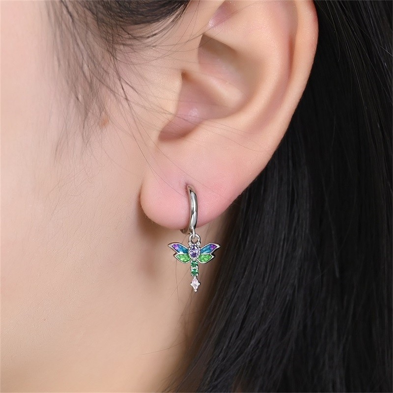 PANDACH 925 Sterling Silver Tiny Dragonfly Drop Earrings For Women Mini Hoops