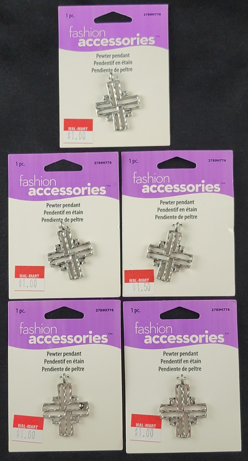 Pewter Cross Necklace Charm Lot of 5 Crucifix New Old Stock NOS Accessory