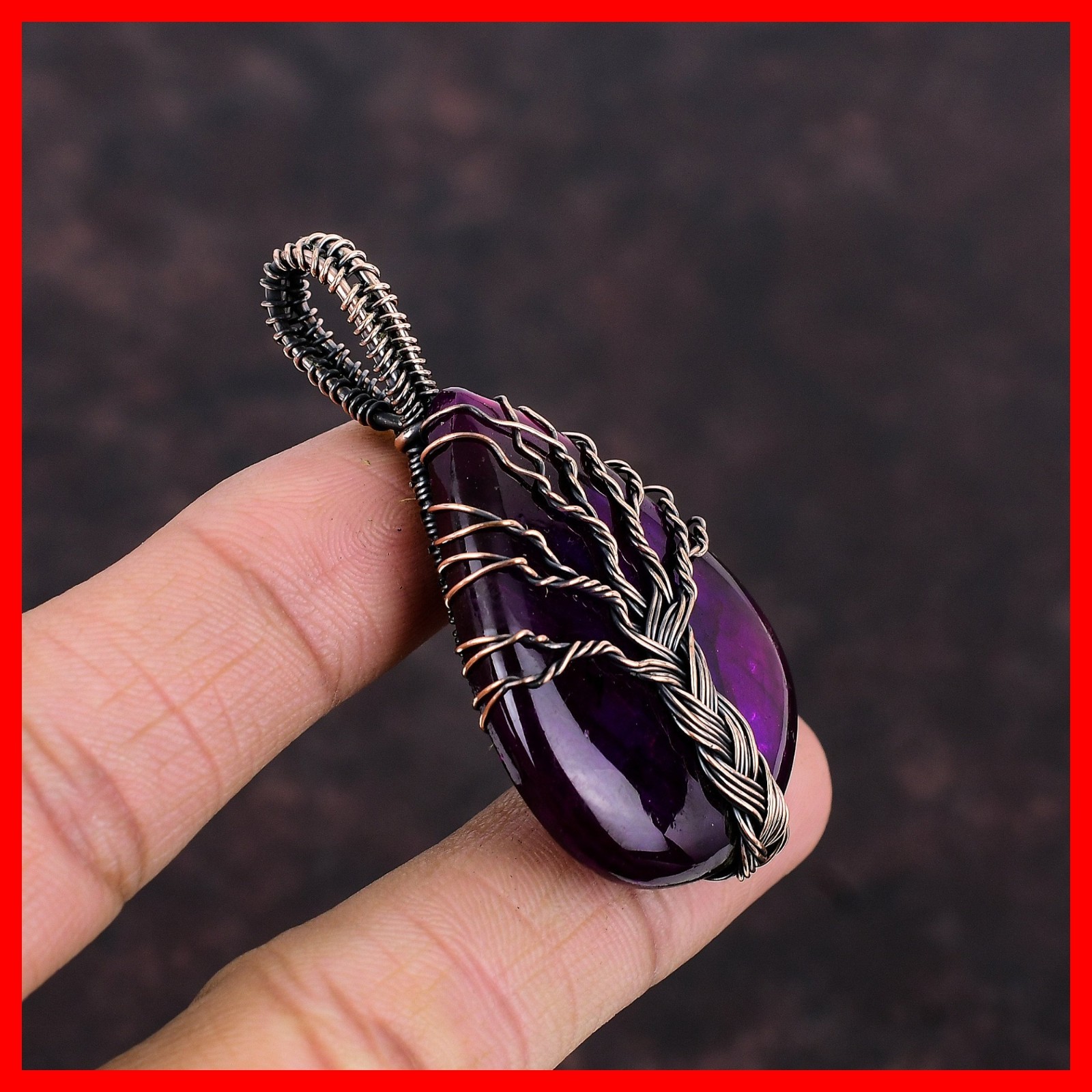 Pear Natural Pink Fire Labradorite Copper Tree Of Life And Wire Wrapped Pendant