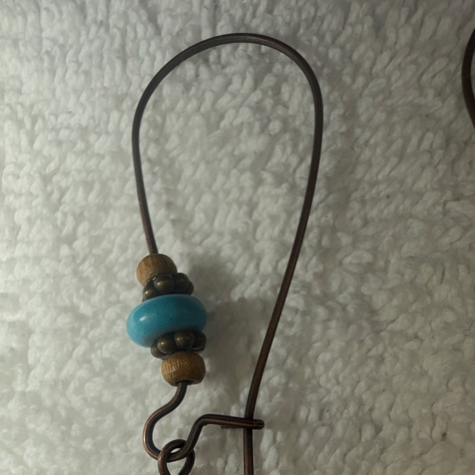 Teardrop Dangle/Drop Hook Earrings Blue Beaded Accent Brown Wood/Metal No Stone