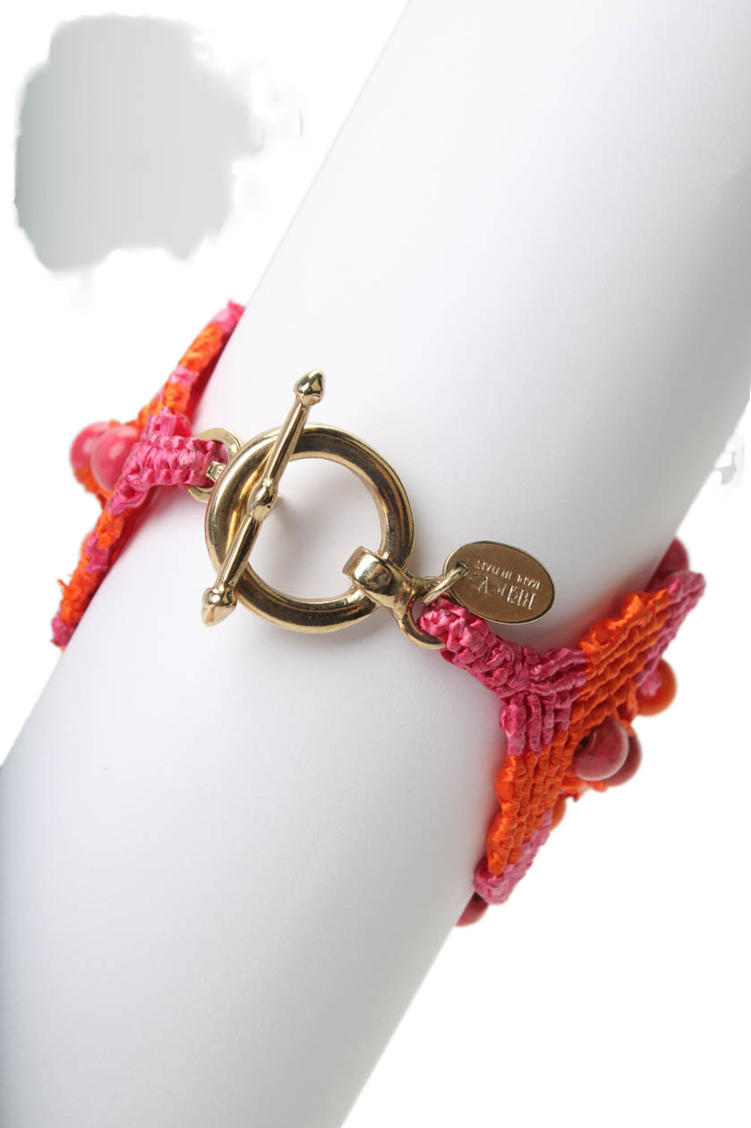 RED Valentino Womens Gold Tone Pink Straw Wood Bead Cuff Bracelet 7.5″