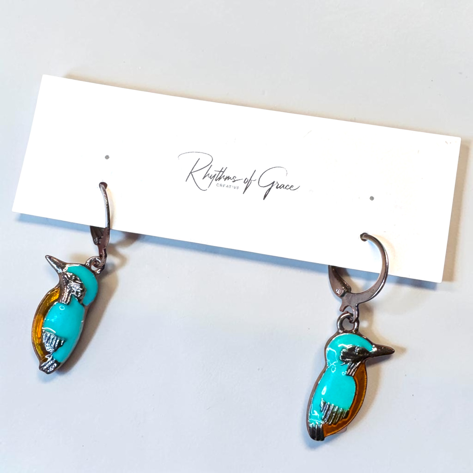 Kingfisher Bird Hoop Earrings Turquoise Enamel Silver Tone Cute Nature Wildlife