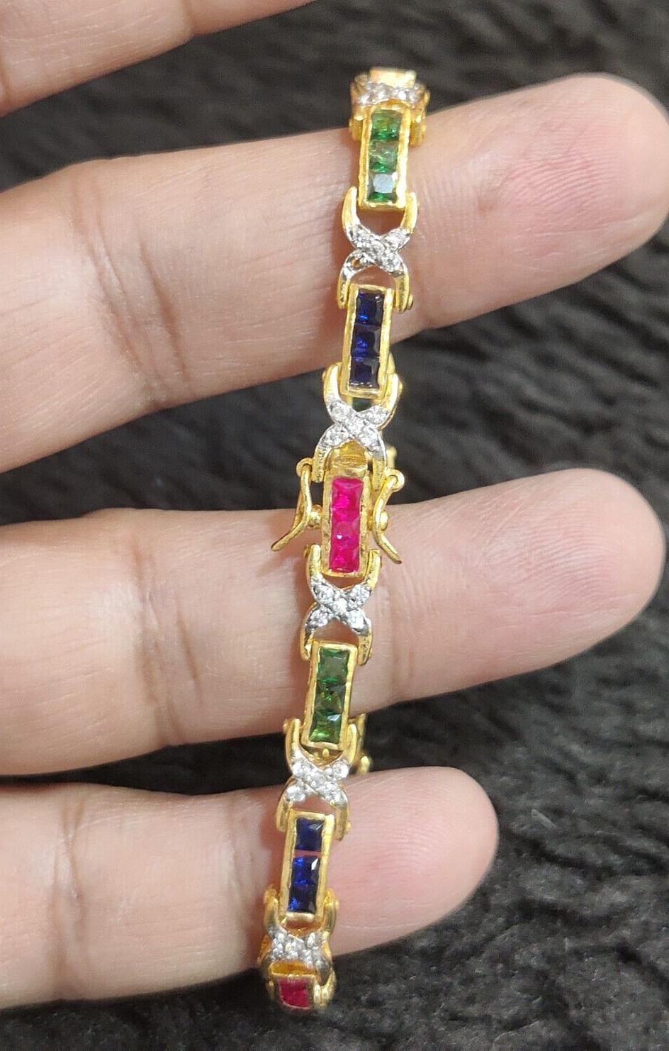 14K Yellow Gold Plated Simulated Ruby Sapphire, Emerald&Diamond Tennis Bracelet