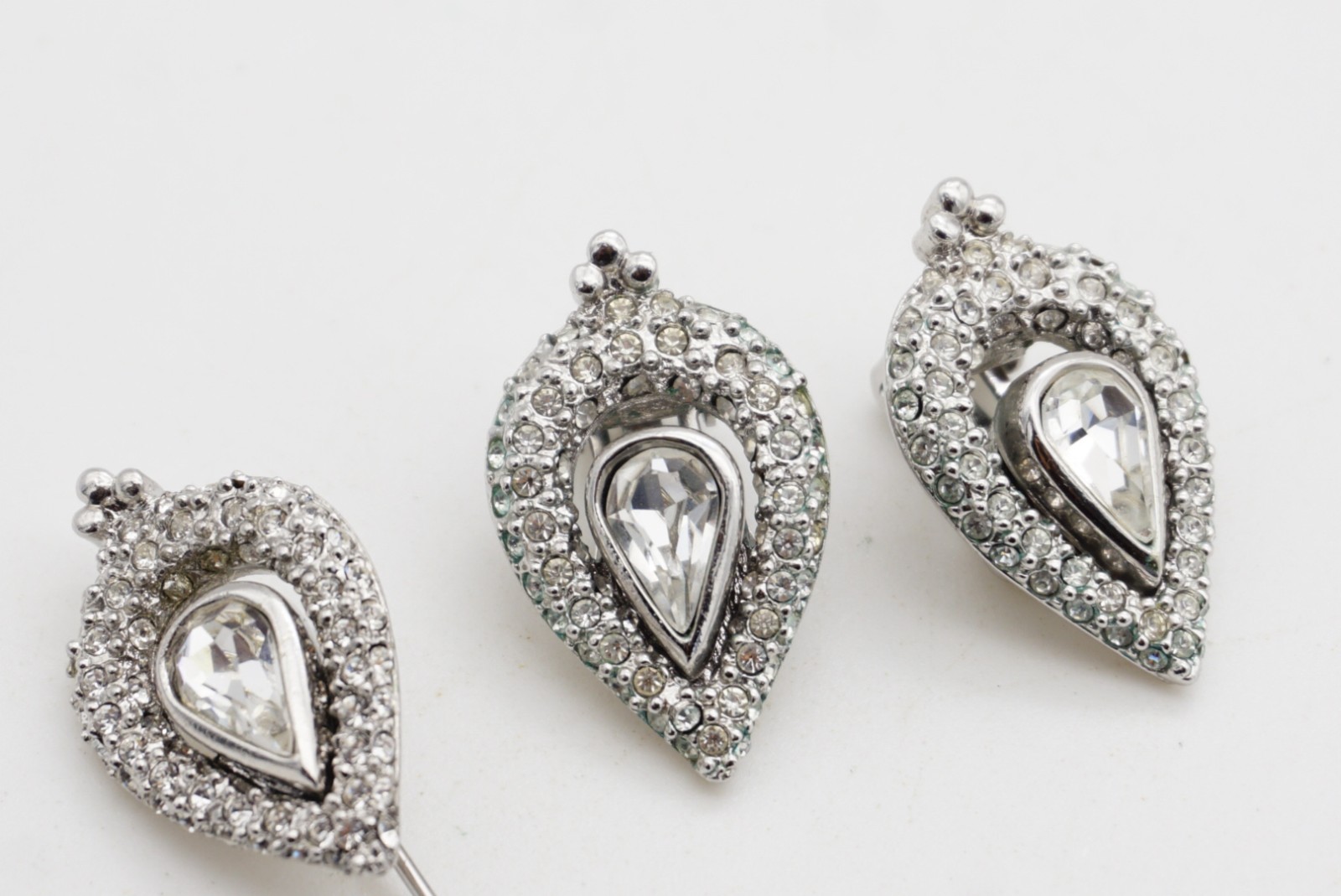 Christian Dior Vintage Peacock Eye Water Drop Whole White Crystals 2 Set, Silver
