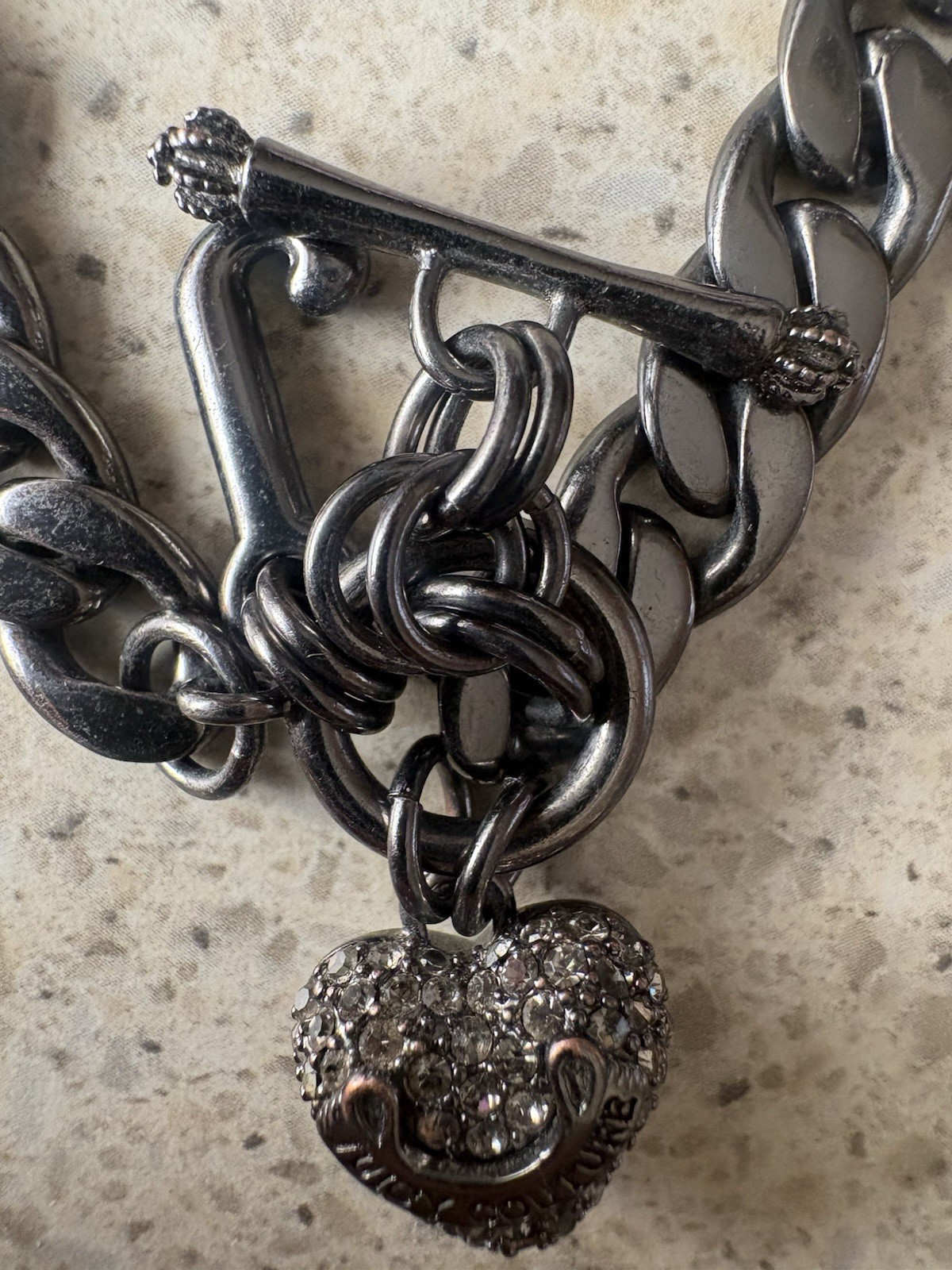 Juicy Couture Signed Curb Link Toggle Bracelet Heart Charm Crystal
