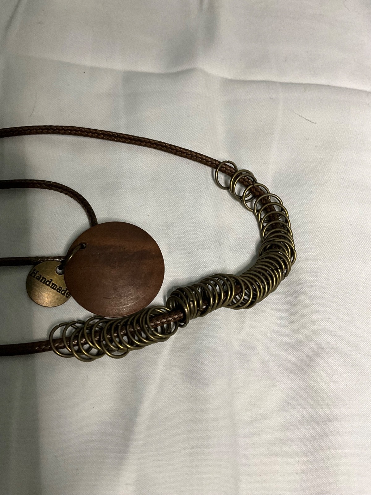 Boho Layered Cord Necklace – Bronze Rings & Disc Pendant, 17″