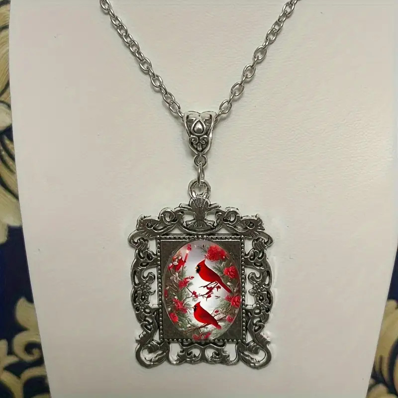 Northern Cardinal Gothic Boarder Jewelry Vintage Silvery Bird Pendant Necklace