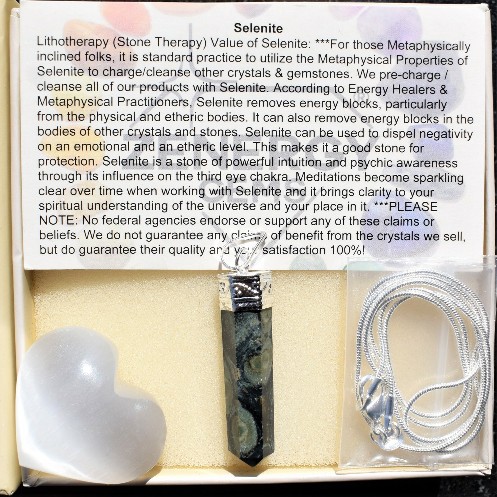 Himalayan Kambaba Jasper Crystal Pendant + 20″ Stainless Steel Chain & Charger