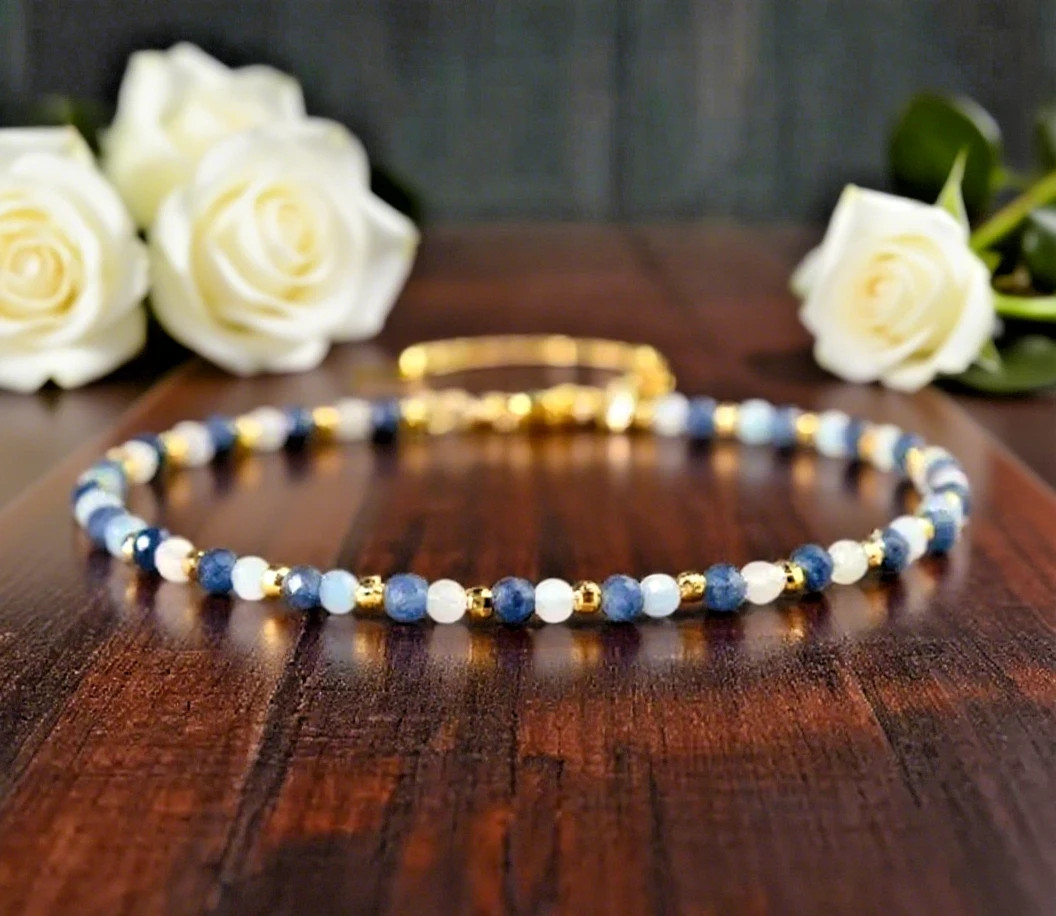 Aquamarine Sapphire 3mm Faceted Bead Minimalist Crystal Gemstone Dainty Bracelet