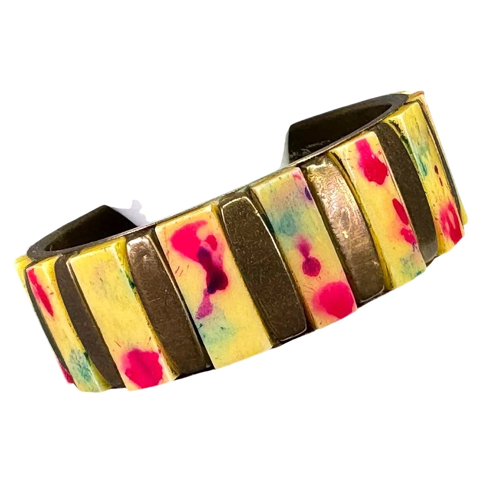 Vintage Color Splatter Splash Painted Bone Inlay Brass Bangle Bracelet