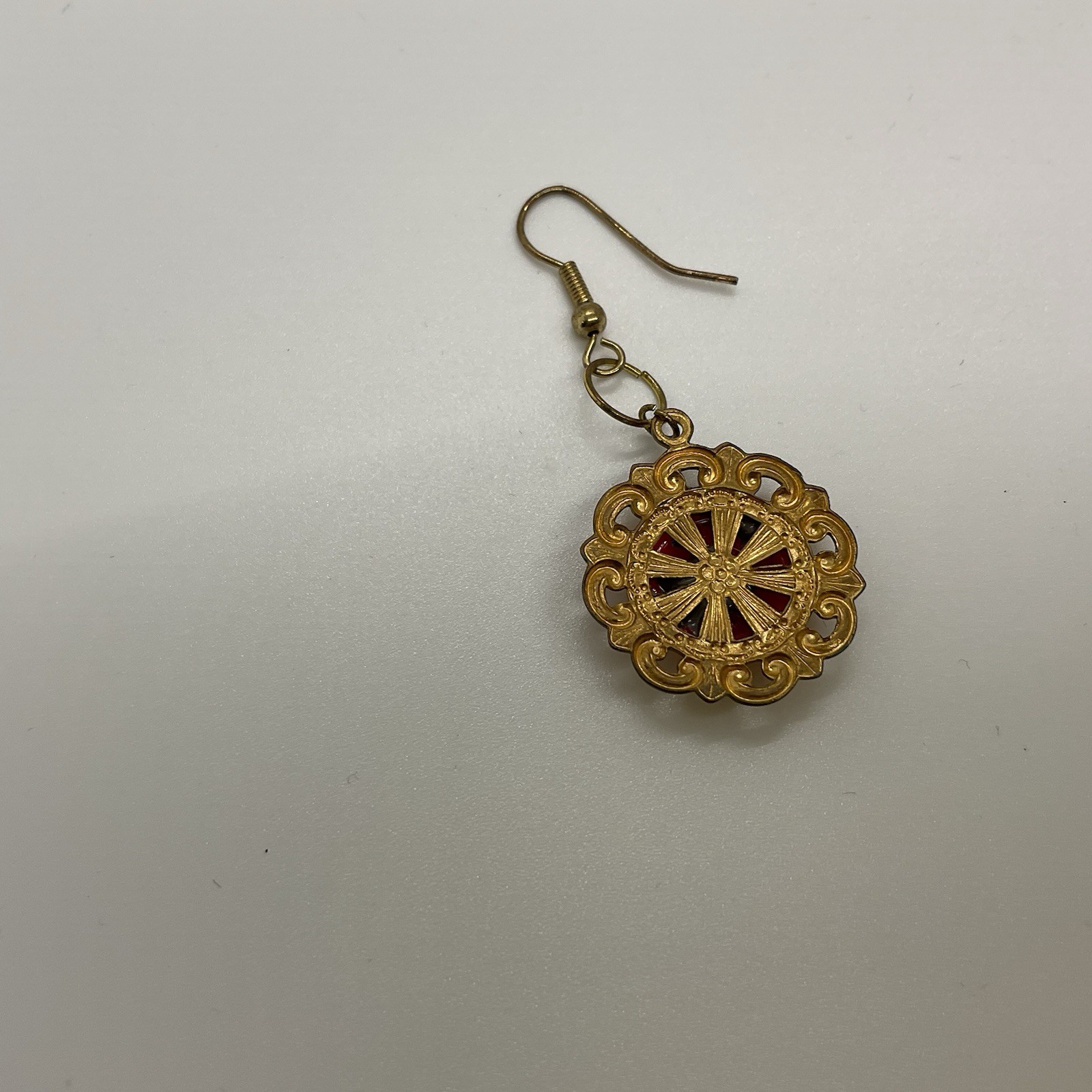 Gold Tone Red Round Filigree Dangle/Drop Earrings Hook Closure