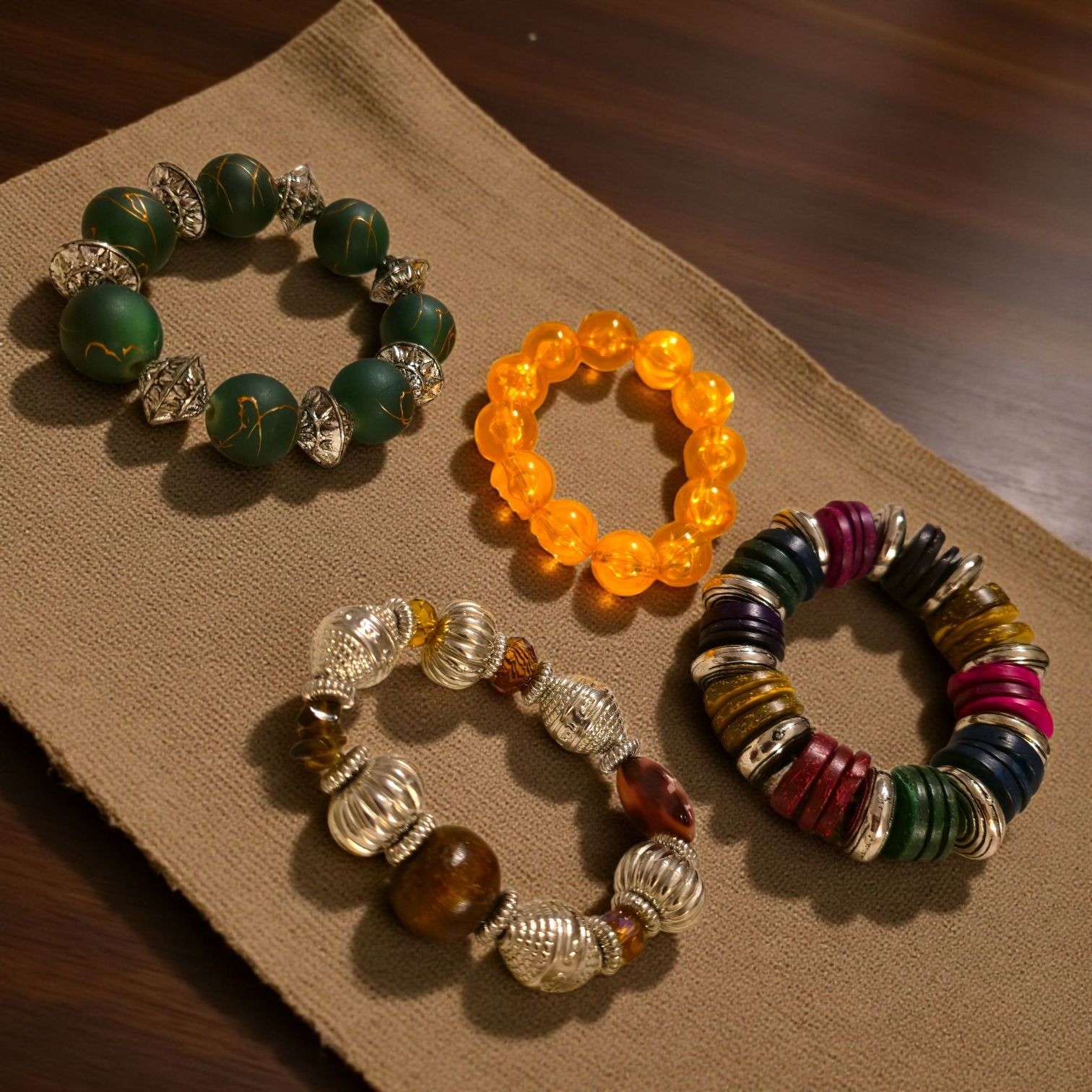Colorful Beaded Stretch Bracelets 4 With Silver Accents & Mixed Materials (BX)