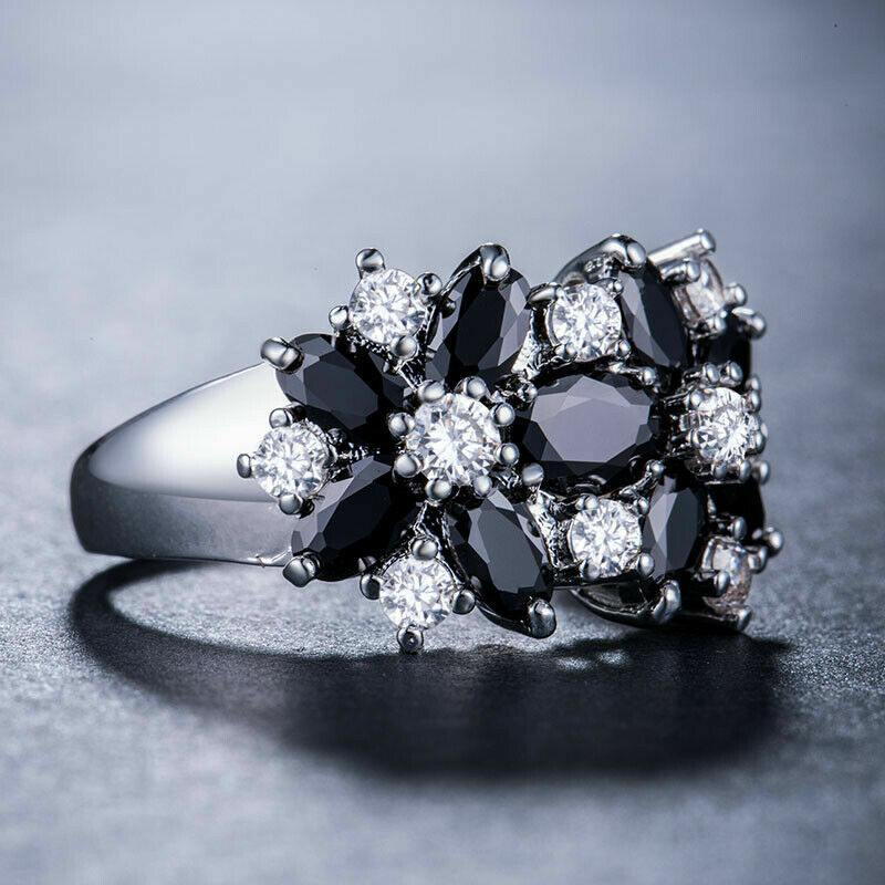 Women Fashion Silver Plated Jewelry Black Sapphire Ring Size 6-10 Simulated