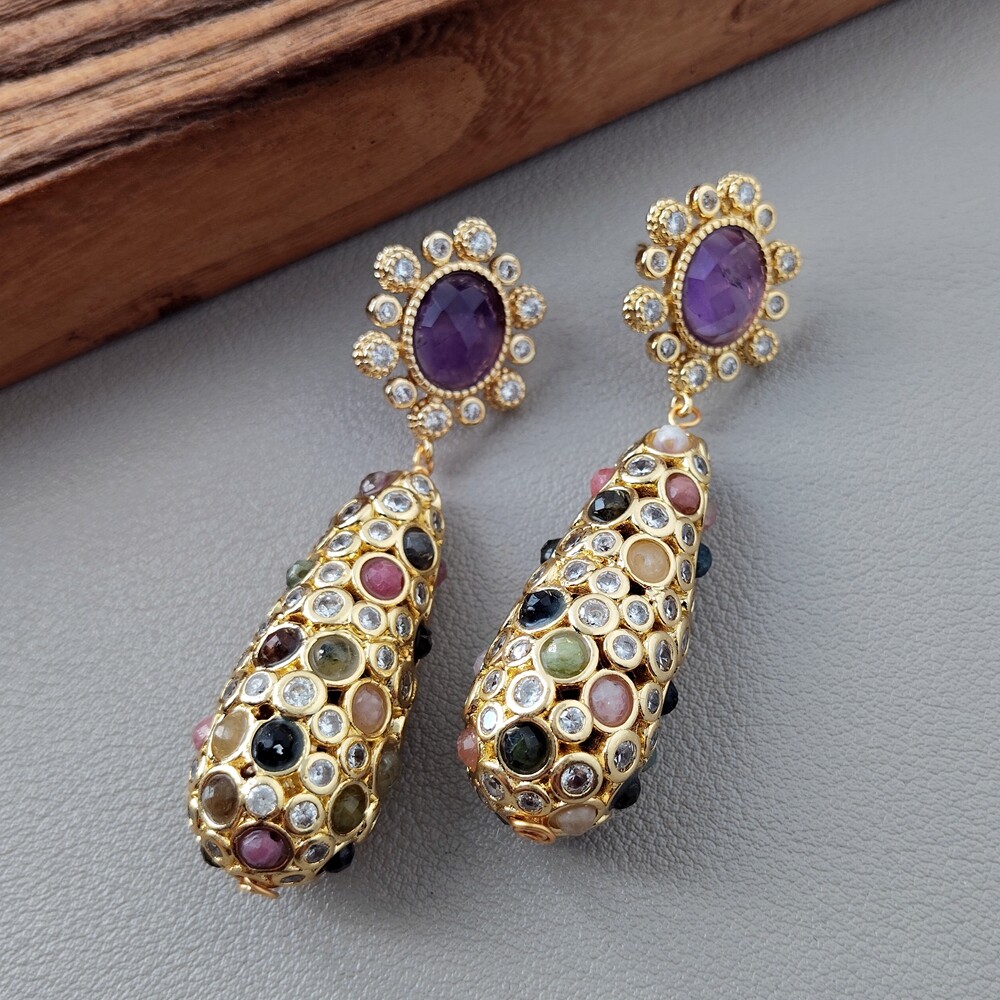Gold Plated Amethyst Tourmaline Gemstone Dangle Stud Earrings Trendy Jewelry