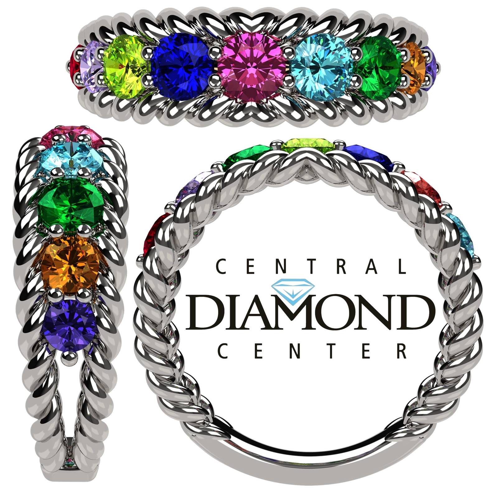 Rope Mothers Ring with 1-10 Simulated Birthstone, Sterling Silver, 10K &14K Gold