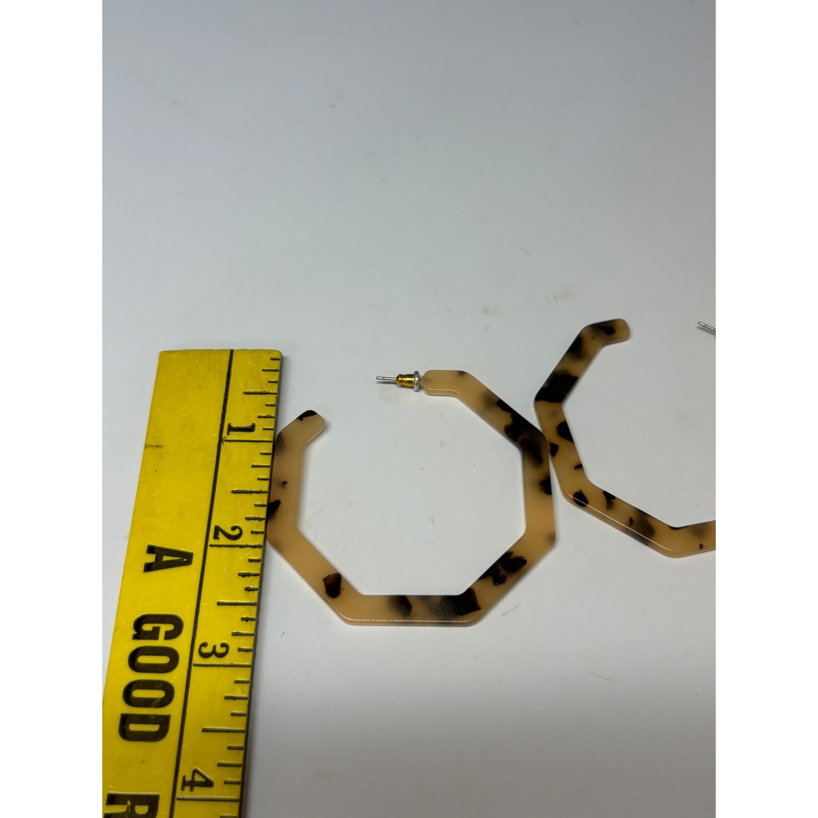 Tortoise Shell Acrylic Hexagon Hoop Earrings Brown Geometric Large Post Back