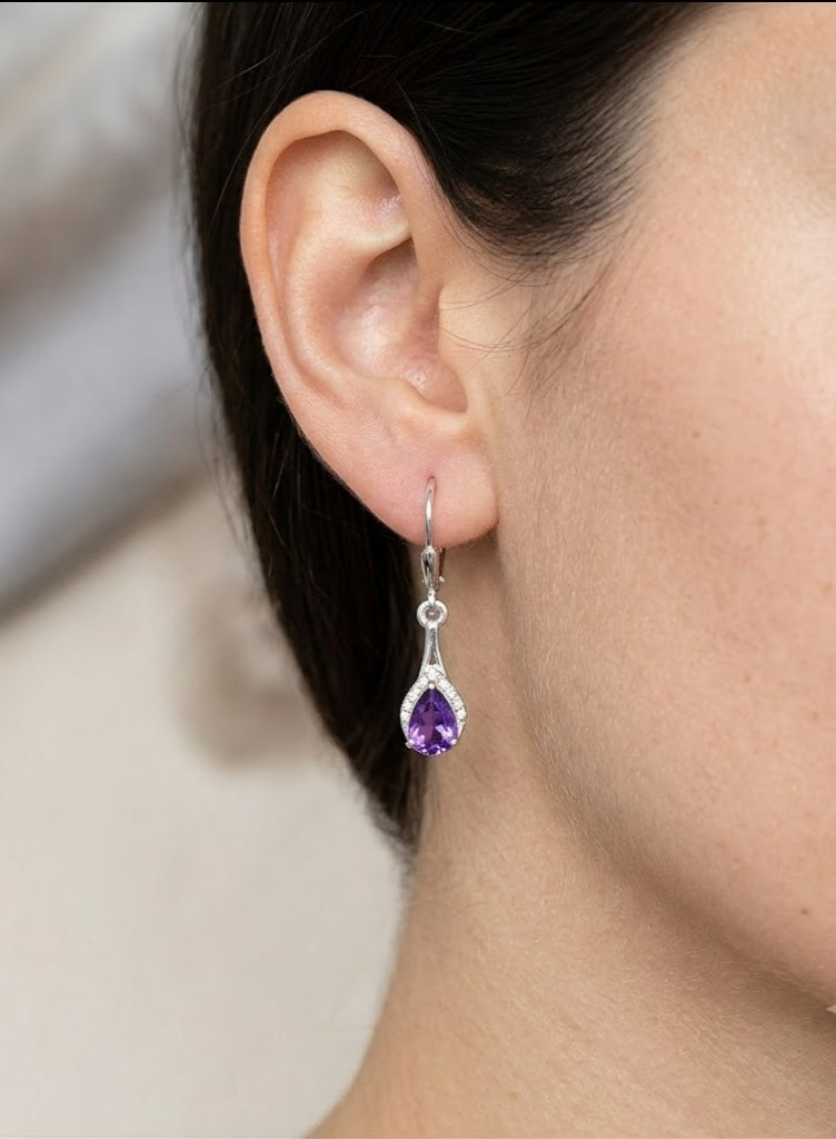 925 Sterling Silver Pear Amethyst Dangle Women Earrings Minimalist Jewelry Gift