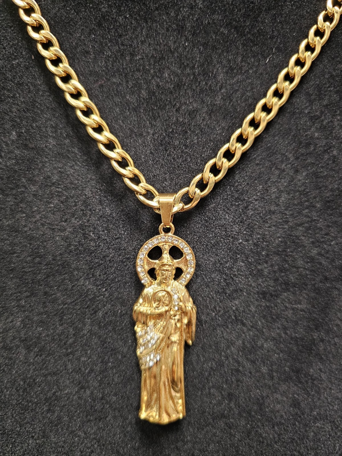 Gold Tone Religious Charm Pendant Necklace 24-inch San Judas.