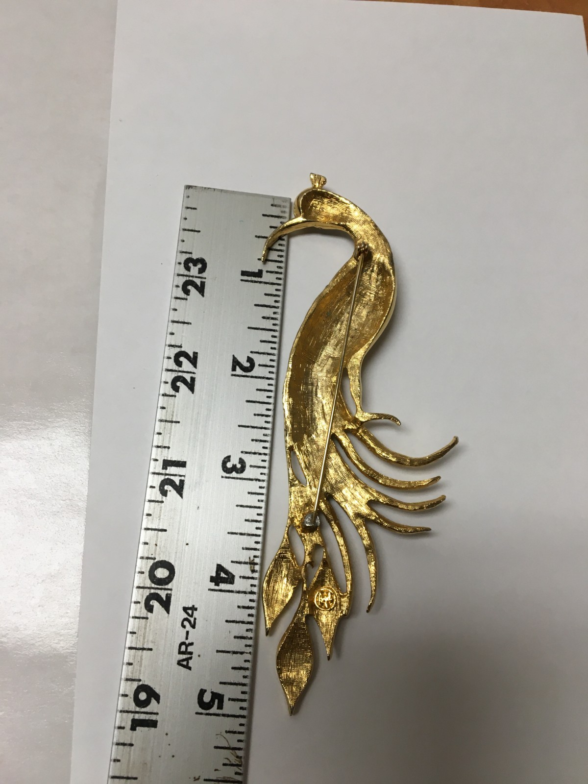 Peacock Brooch Gold Tone Enamel Green Blue Red Rhinestones Elegant Bird Pin 5″