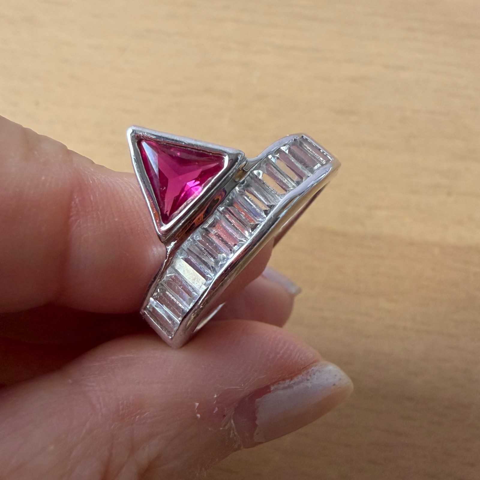 SYNTHETIC RUBY / PINK SAPPHIRE BAGUETTE RHINESTONES GEOMETRIC RING SILVER TONE