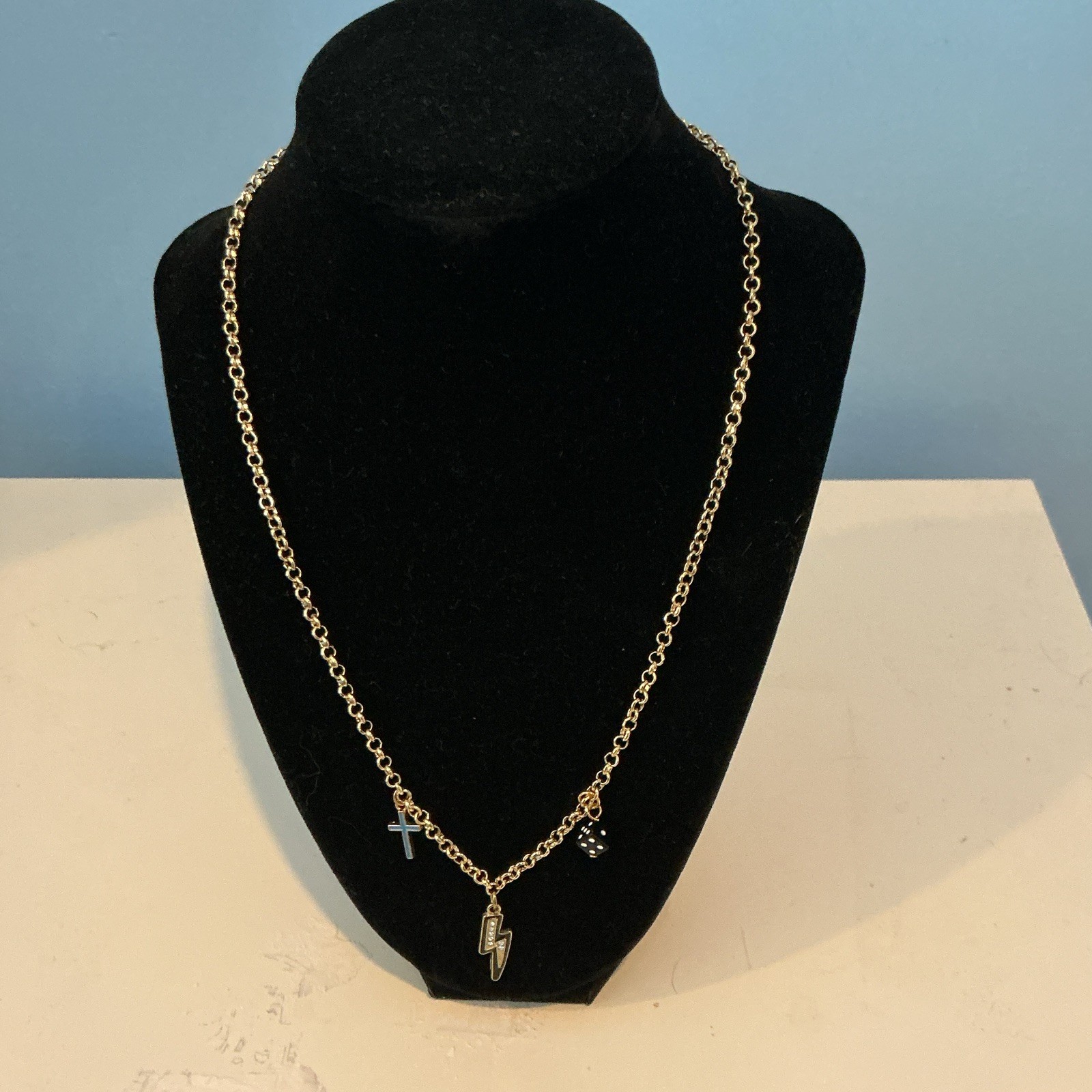 Gold Tone Oval Link Chain Charm Necklace w/ Cross, Lightning Bolt & Dice