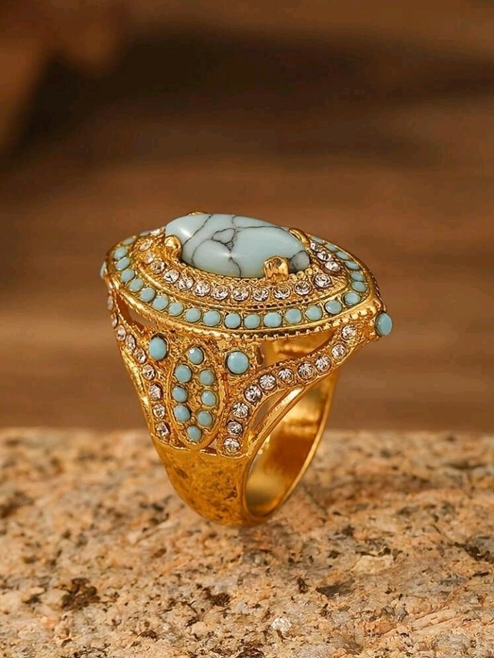 Gold-Plated Zinc Marquise Turquoise And Inlay Ring Size 8
