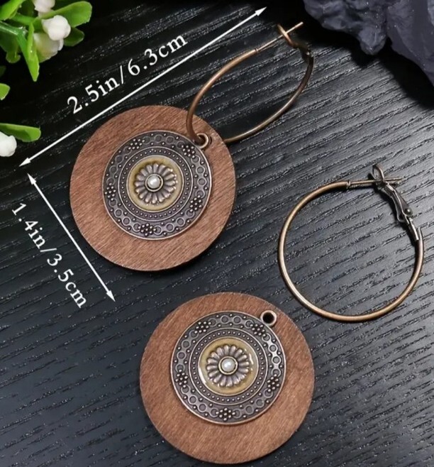 Handcrafted ~ Wood ~ Bronze ~ Alloy ~ Double Pendant ~ 1.25″ Dangle Earring